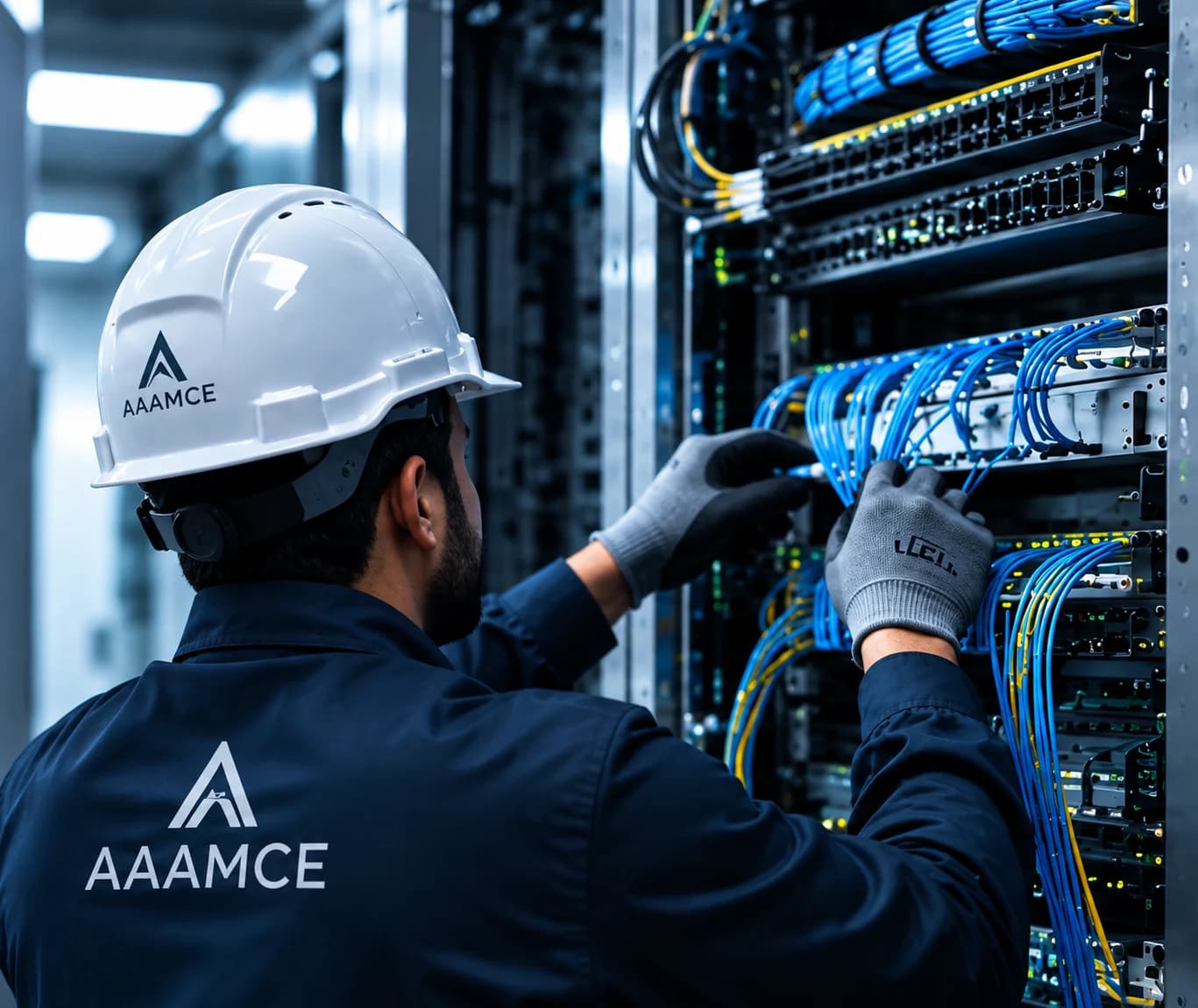 An engineer in a hard hat patching blue fiber cables into a network rack in a data center.