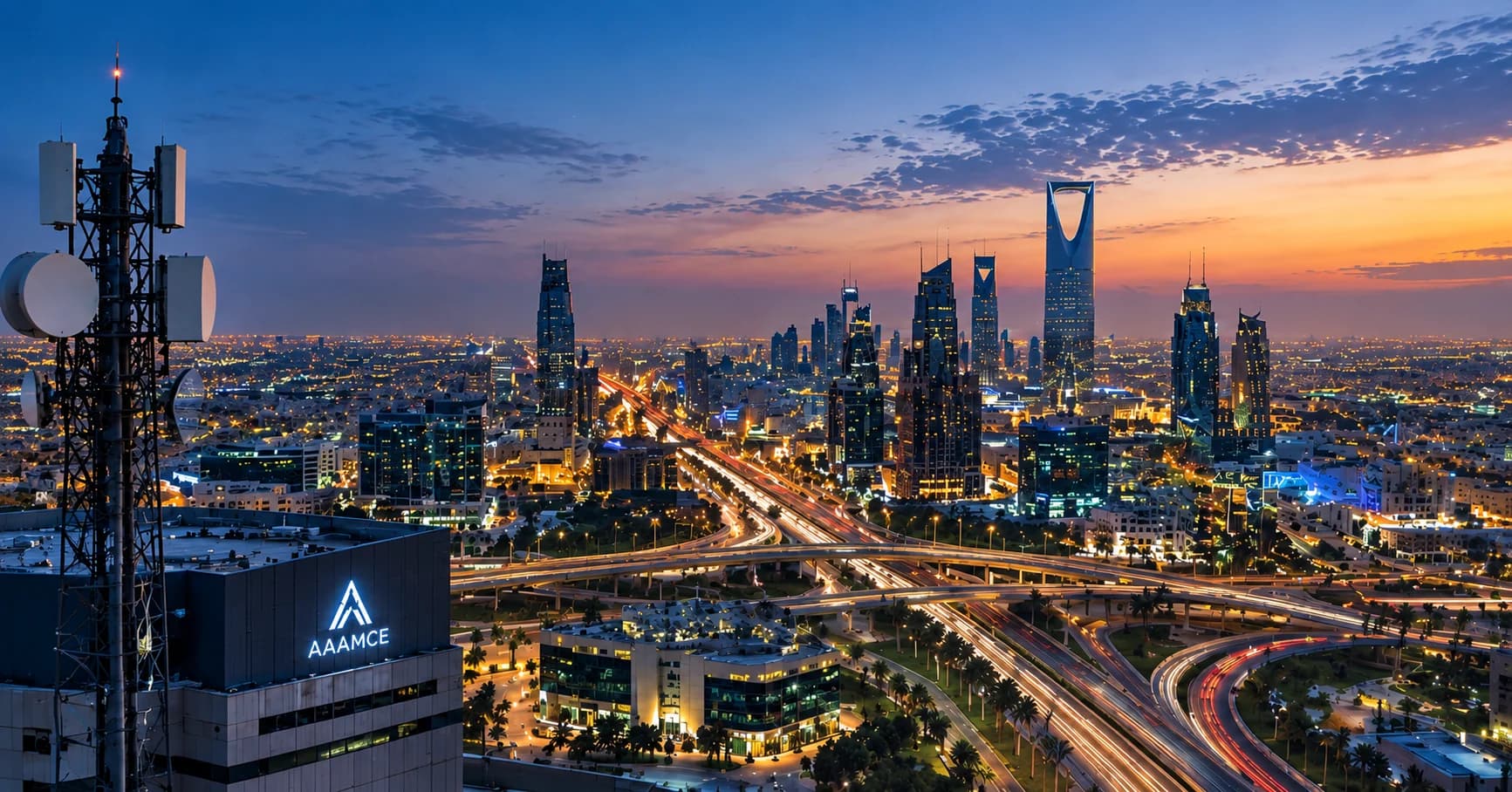 Riyadh at dusk, the Kingdom Centre on the skyline, a telecom mast in the foreground and the city's highways lit below.