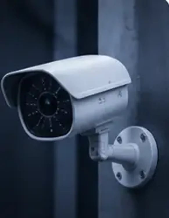 Surveillance camera mounted on a building exterior