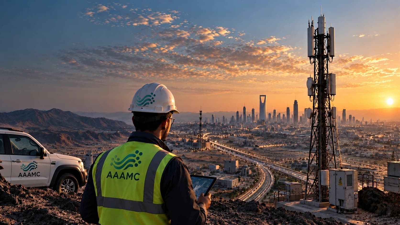 An AAAMC engineer in a branded hi-vis vest on a ridge above Riyadh at sunset, reviewing a tablet beside a telecom tower.