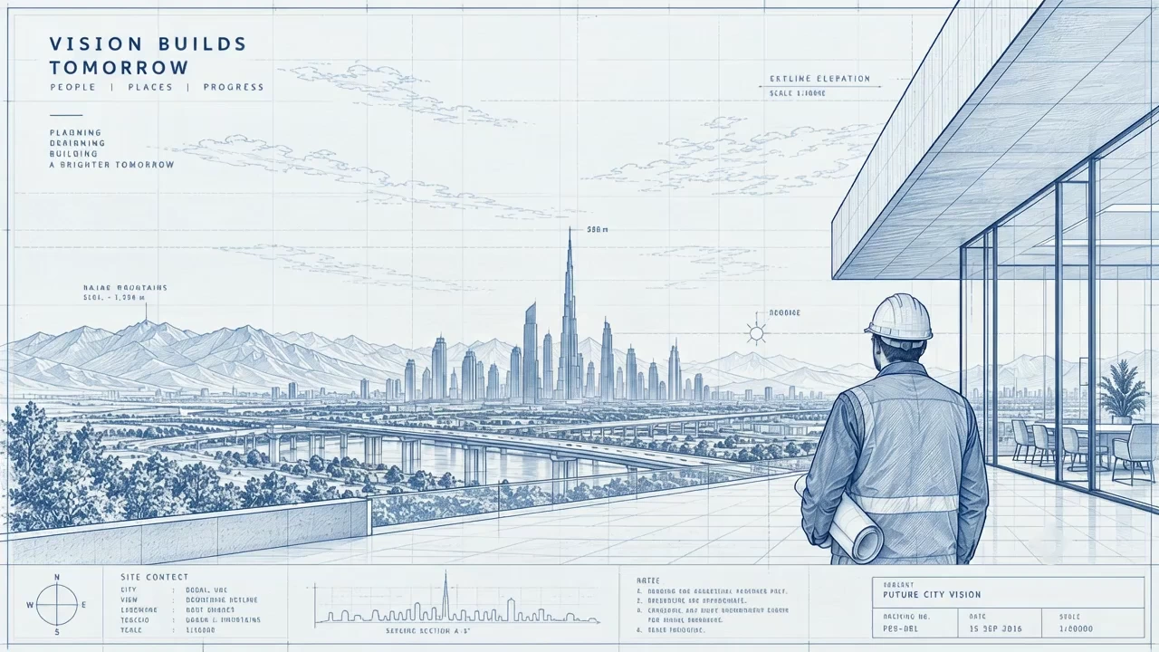 An engineer in a hard hat and site jacket, rolled drawings under one arm, looking out from a building terrace over a city skyline and its highways at sunrise.
